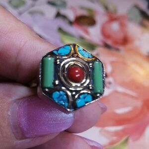 Tibetan Nepal Turquoise Red Coral OS Silver Plated Ring